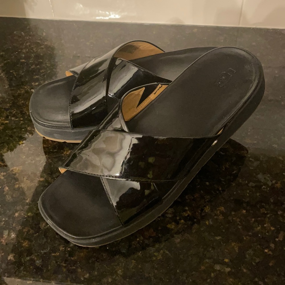 Black patent UGG slides